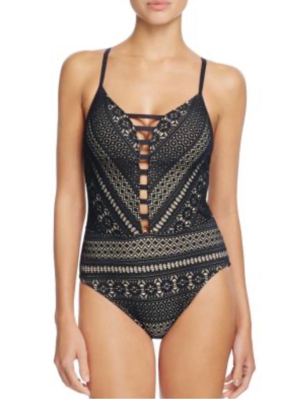 Bleu Rod Beattie plunge neckline crochet one piece